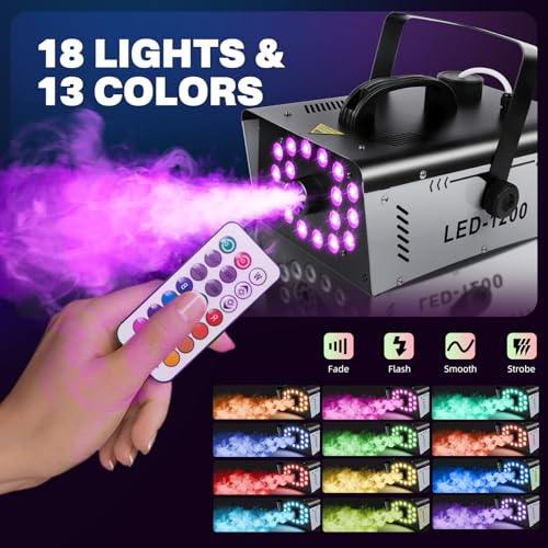 1200W Fog Machine with 18 Lights, 6000 CFM, Remote Control for Party Stage Effect Q2921