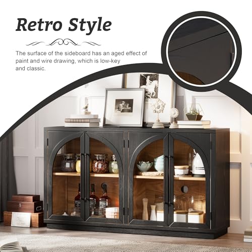 Amposei Retro Accent Sideboard 60-Inch Glass Doors Console Cabinet, Navy Blue X318