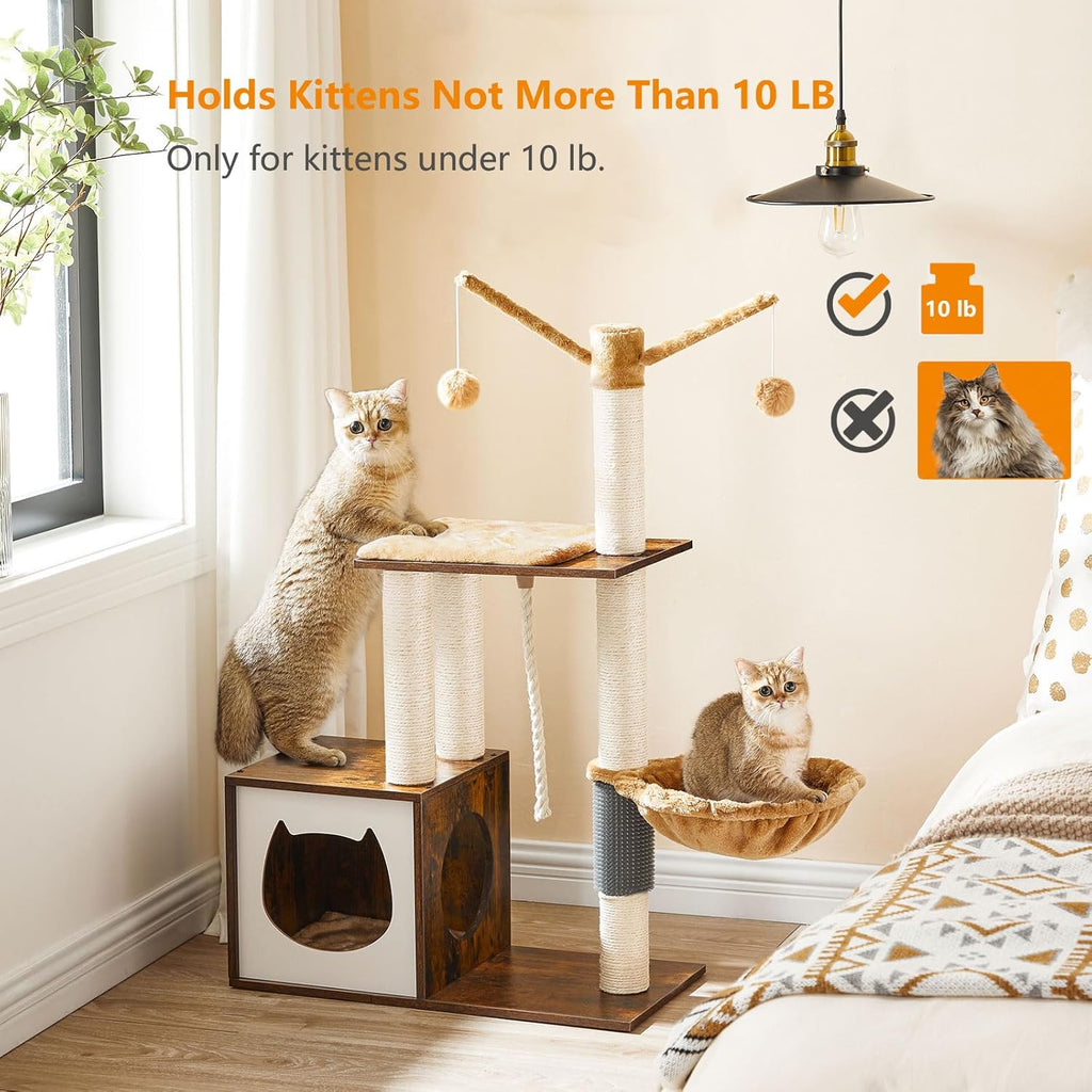 HOOBRO Cat Tree for Indoor Cats, Wooden Cat House with Scratching Posts, Rustic Brown V4423
