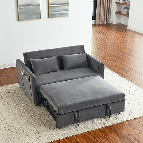 3 in 1 Convertible Sleeper Sofa Bed, Modern Velvet Loveseat Futon Couch Pullout Bed with Side Storage Pockets & Pillows, Small Love Seat Lounge Sofa Bed for Living Room, Small Space (Blue)