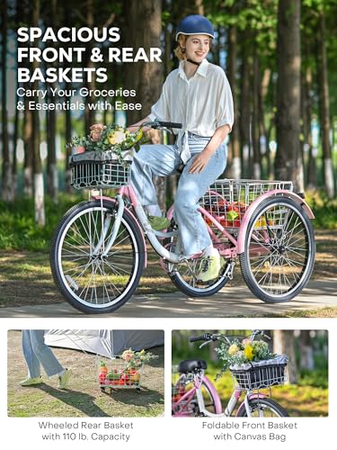 Viribus Adult Tricycle 7 Speed 3 Wheel Bike with Removable Baskets, 400lb Capacity, 24 26 inch F201
