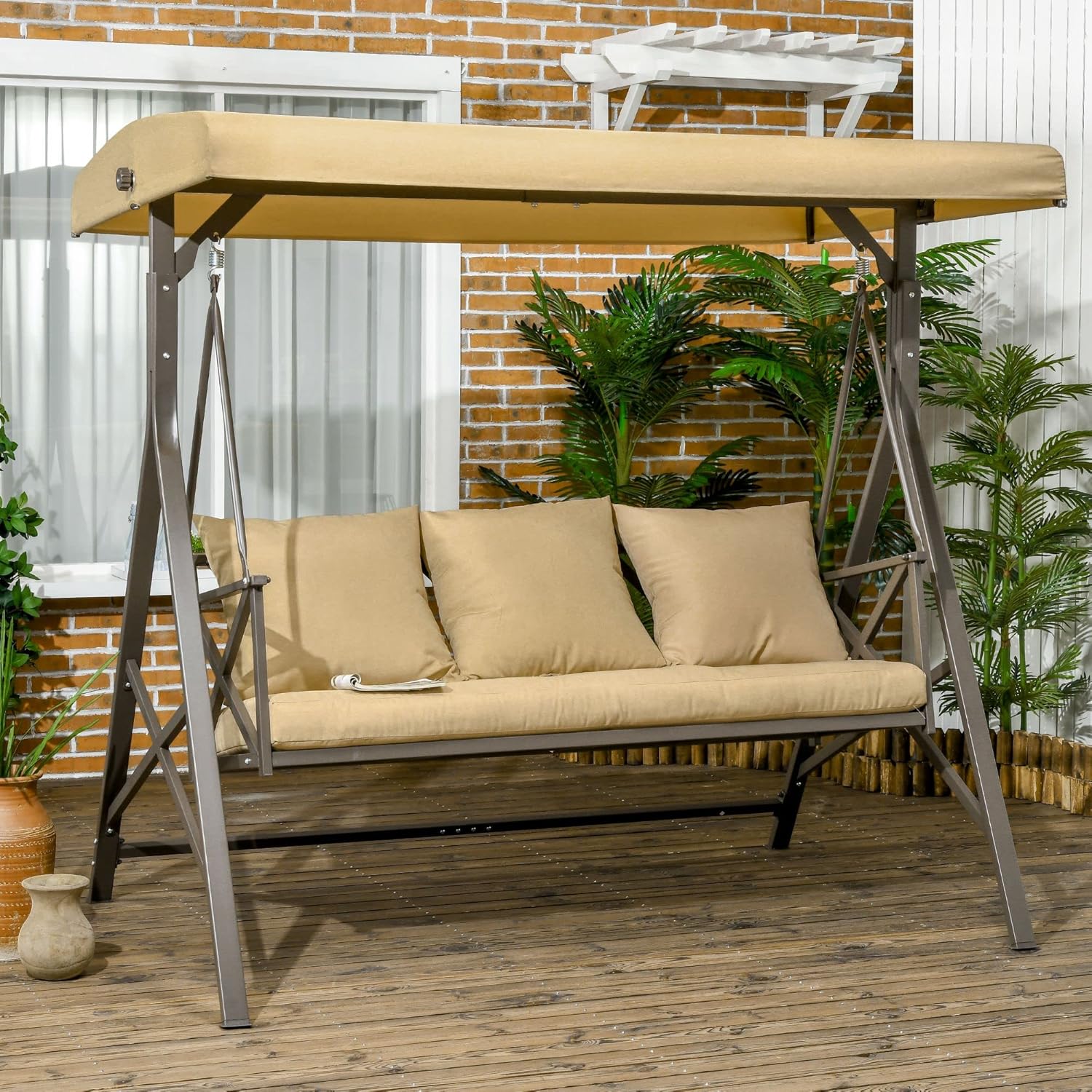 3-Seat Patio Swing Chair with Cushion, Pillows & Canopy, Khaki C961372