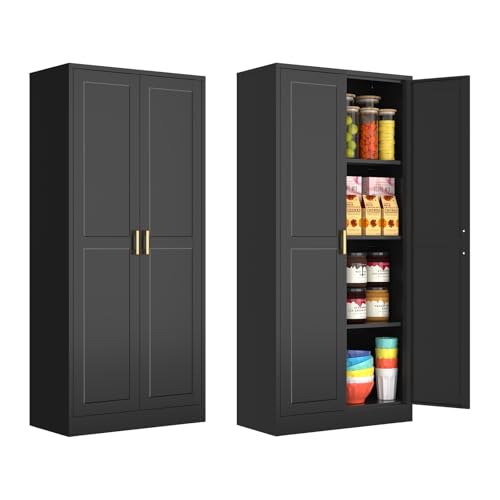 60 Inch Tall Pantry Cabinet, Metal Kitchen Storage Cabinet with Doors and Shelves, Black Cupboard for Food Storage, Freestanding Cabinet for Living Room, Dining Room - Assembly Required