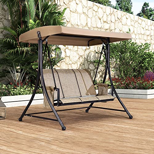 PURPLE LEAF 3-Seat Outdoor Patio Swing with Steel Frame, Beige B217659