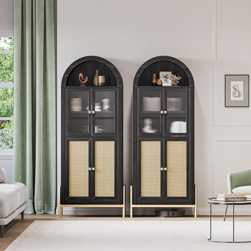 BELLEZE Arched Storage Cabinet with Doors, 65.5 Inches Bookcase, Freestanding Kitchen Pantry Cupboard Tall China Glass Cabinet Display Case for Home Living Room, Adjustable Shelves, White Lotus