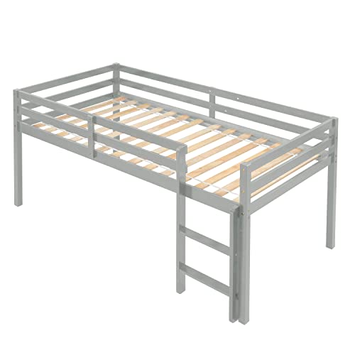 Twin Loft Bed for Kids with Ladders and Guard Rails, Solid Wood, Grey E9115