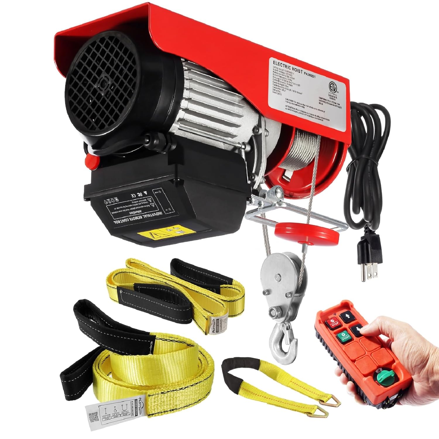 Partsam 440lbs Electric Cable Hoist Wireless Remote Control 120V Overhead Winch w Towing Strap Sling 38ft Lifting Height