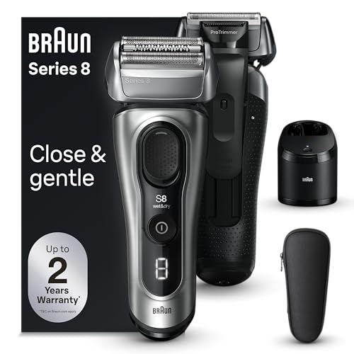 Braun Series 8 Electric Razor for Men, with 4+1 Shaving Elements & Precision Long Hair Trimmer, Close & Gentle Even on Dense Beards, Wet & Dry Electric Razor with 60min Runtime, 8517s Galvano Silver