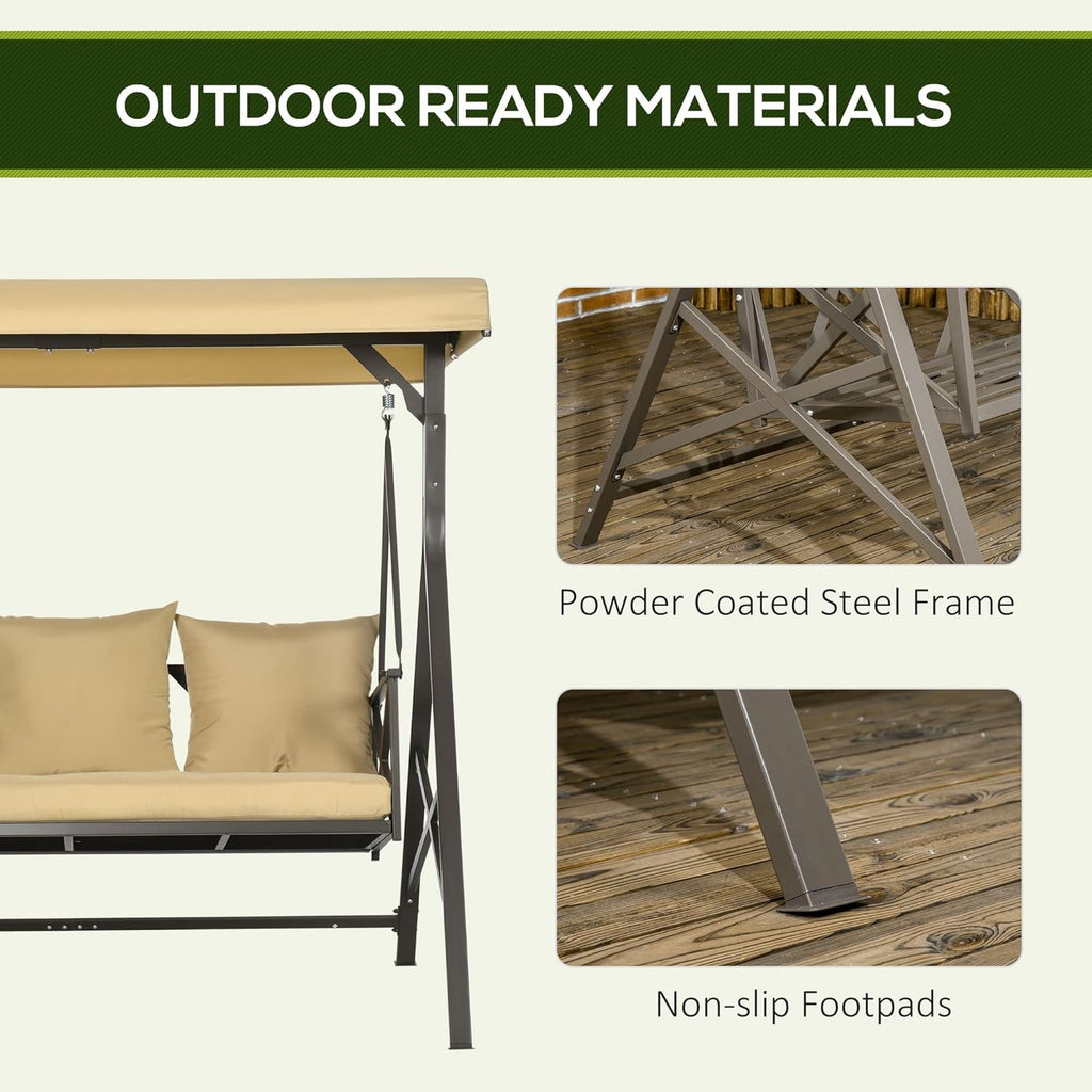 3-Seat Patio Swing Chair with Cushion, Pillows & Canopy, Khaki C961372