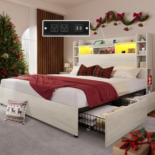 YITAHOME Queen Bed Frame with Bookcase Headboard and 4 Storage Drawers, Black L762695