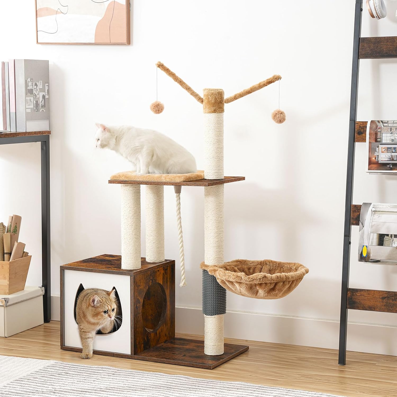 HOOBRO Cat Tree for Indoor Cats, Wooden Cat House with Scratching Posts, Rustic Brown V4423