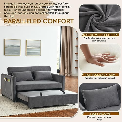 3 in 1 Convertible Sleeper Sofa Bed, Velvet Loveseat Futon with Storage Pockets, Blue B5555