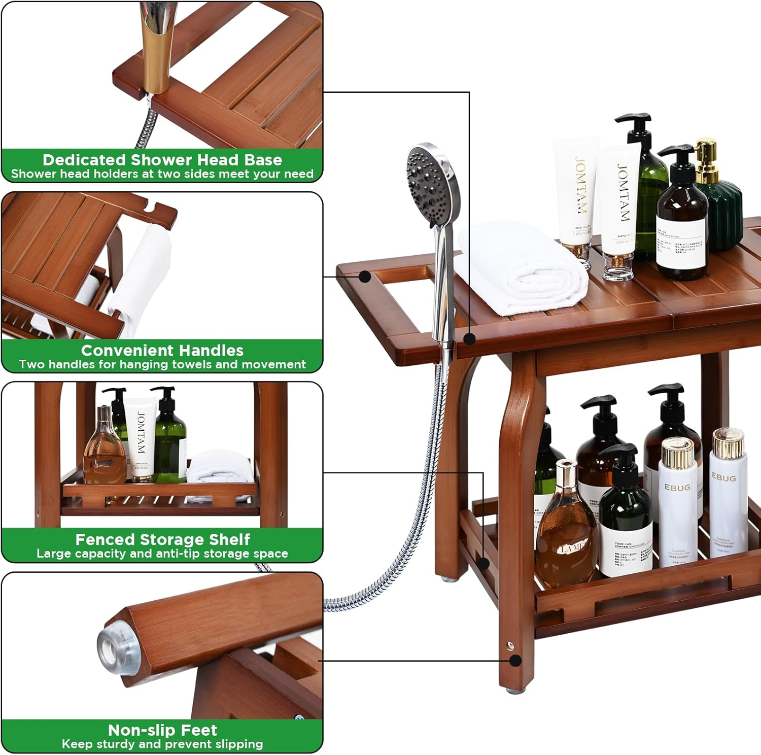 Ollieroo 2-Tier Bamboo Shower Chair with Storage Shelf for Bathroom H66314