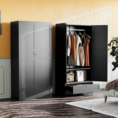 Metal Wardrobe Cabinet with Doors, Adjustable Shelves and Hanging Rod, 72" M706077