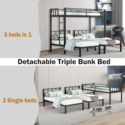 Twin Triple Bunk Bed Heavy Duty Metal with Guardrails and Ladder, Black P760