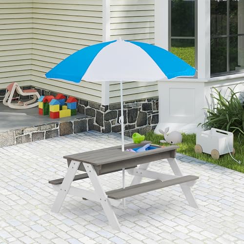 Wooden 3-in-1 Sand & Water Table with Umbrella for Kids Outdoor Play E7312