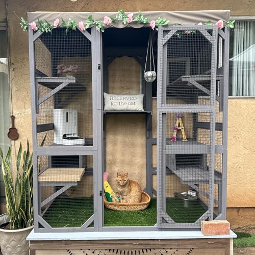 Aivituvin Cat House Outdoor Catio with Large Door, Wooden Cat Cage Indoor Playpen, 70 Inch I919236