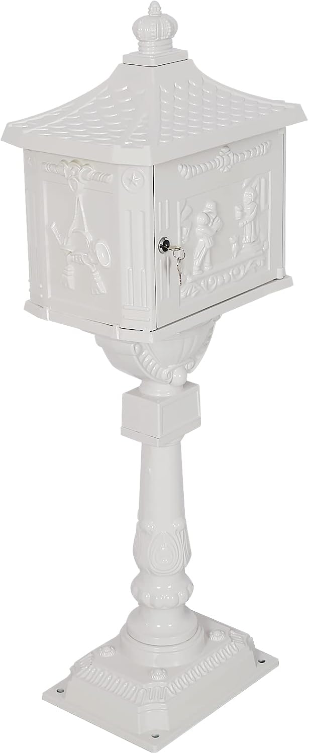 Cast Aluminum Vintage Mailbox with Post, Locking, White L959