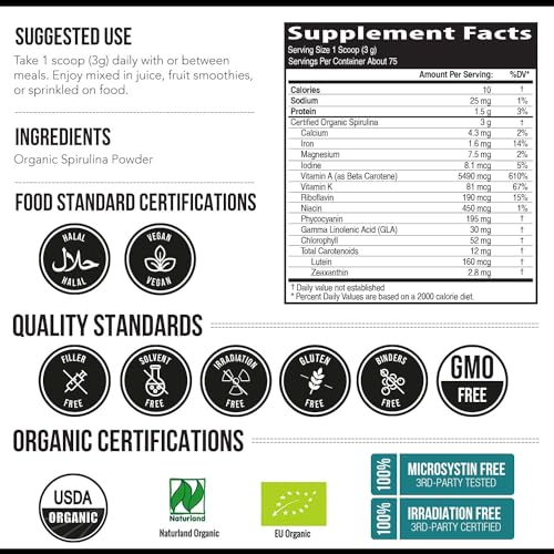 Organic Spirulina Powder by Parry® - Non-Irradiated, Vegan, 8 oz M2390