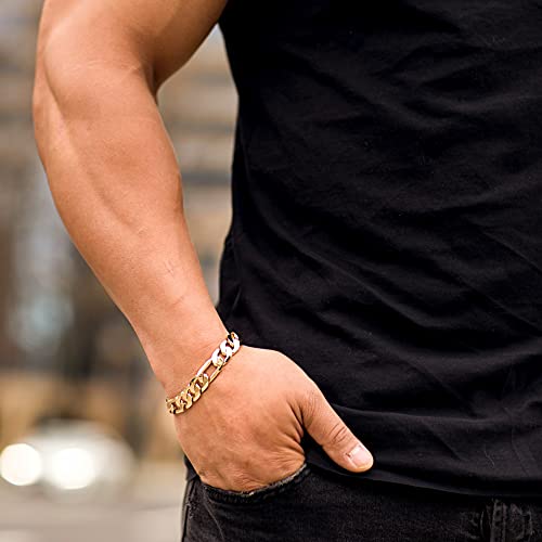 LIFETIME JEWELRY 11mm Beveled Figaro Chain Bracelet 24k Gold Plated B150754