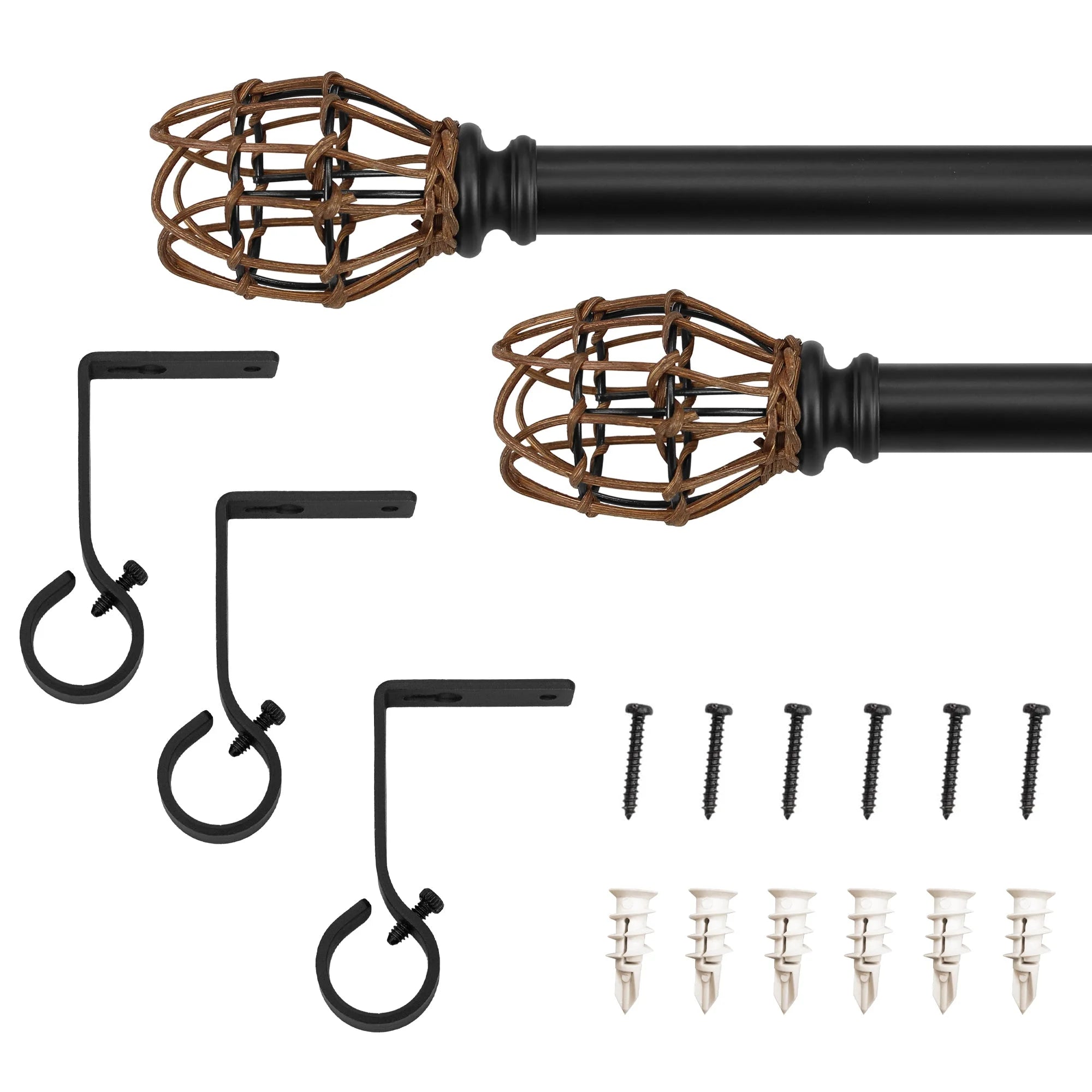 66"-120" 7/8" dia. Drapery Single Curtain Rod Set with Rattan Tulip, Matte Black S504
