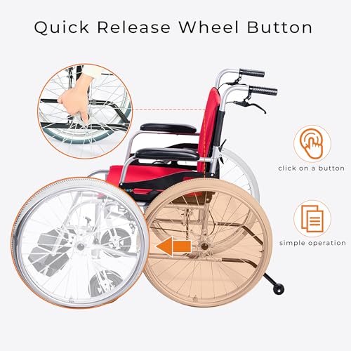 Magnesium Lightweight Wheelchair 21lbs Self Propelled Folding with Travel Bag and Cushion, Red V8054