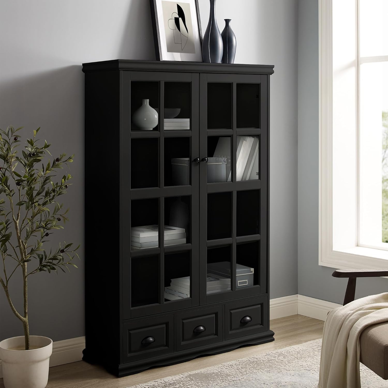 Black Storage Cabinet with Tempered Glass Doors and Drawers G2098
