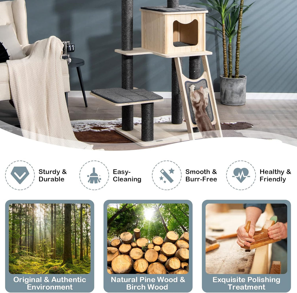 PETSITE 69" Tall Wooden Cat Tree Tower with Sisal Posts, Grey O423