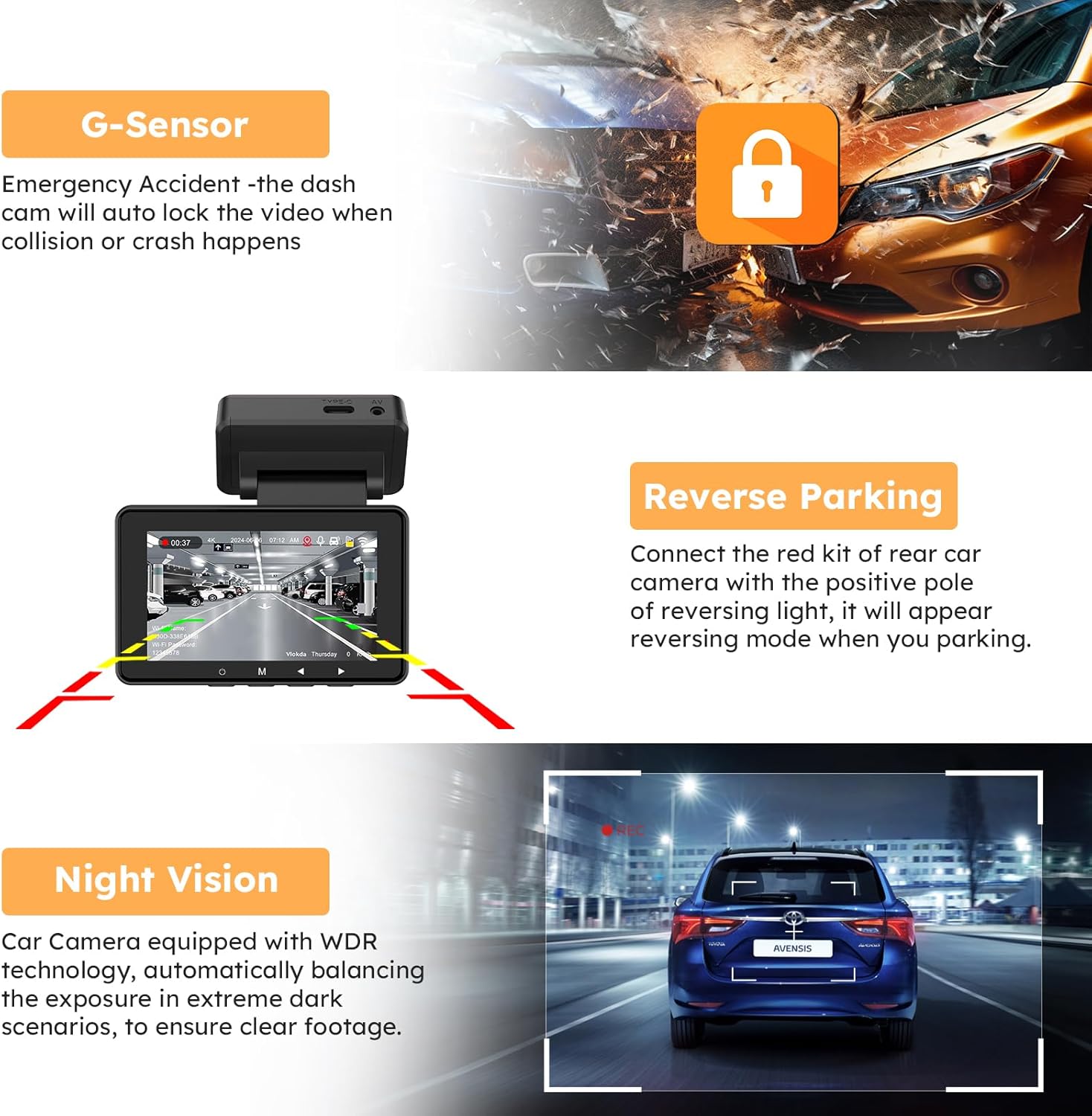 4K Dash Cam Front and Rear with WiFi and GPS, Night Vision, G-Sensor W16914