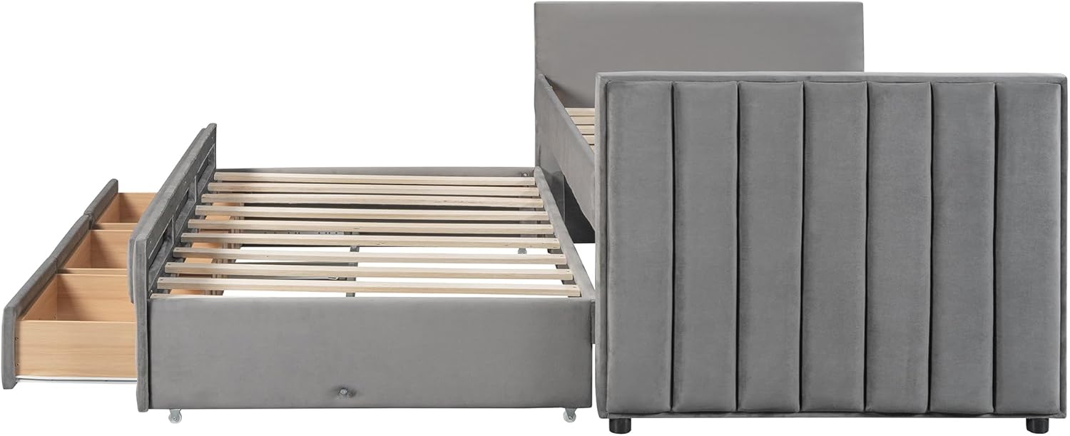 Twin Size Velvet Upholstered Daybed with Trundle and Storage Drawers, Gray N60786