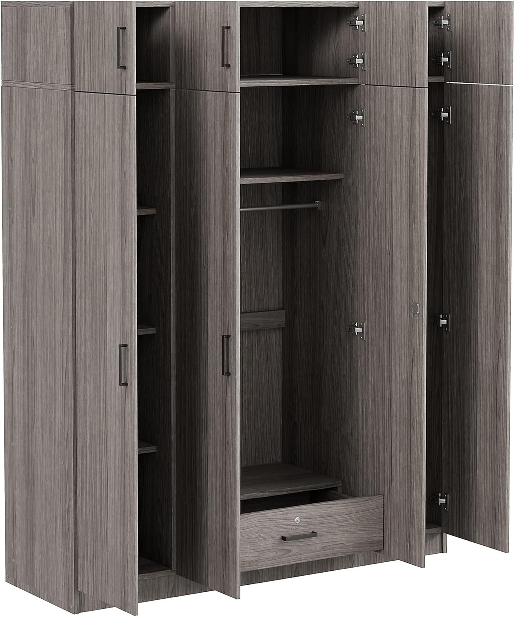 Modern 4-Door Wardrobe with Drawer, Wood High Cabinet Closet, Gray C380