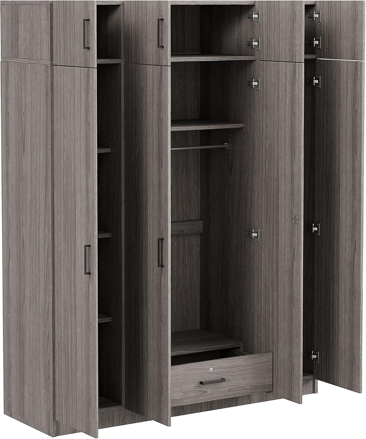 Modern 4-Door Wardrobe with Drawer, Wood High Cabinet Closet, Gray C380