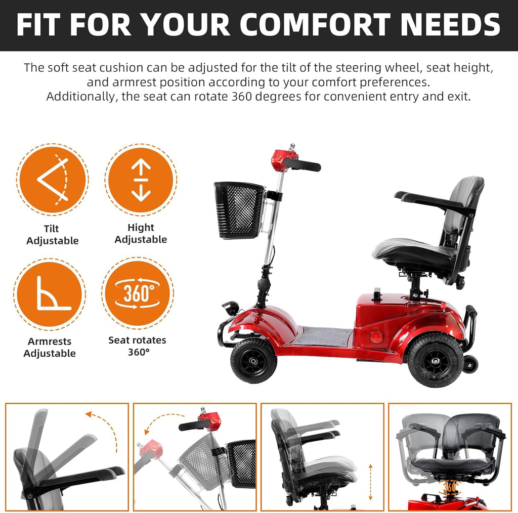4 Wheel Foldable Mobility Scooter with Basket for Adults and Elderly, Red U746