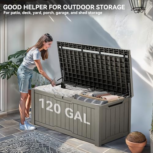 YITAHOME Outdoor Storage Box with Cushion, 120 Gallon, Lockable, Light Brown O374