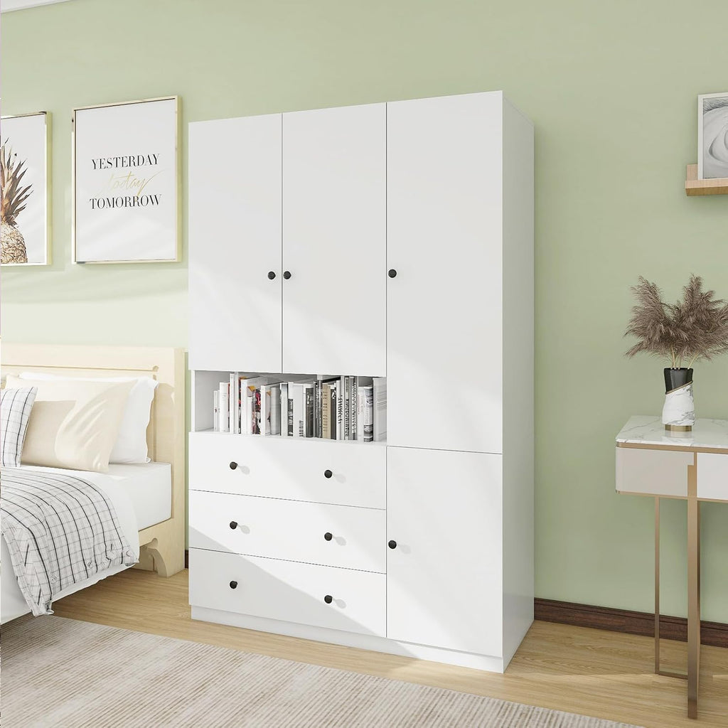 70.87" 3-Door Armoire Wardrobe Closet Cabinet, Wood 3 Drawers White Closet Cabinet for Large Capacity, Tall Cabinet Closet with Hanging Rod and 3 Storage for 47.24" W x 20.47"D x 70.87"H