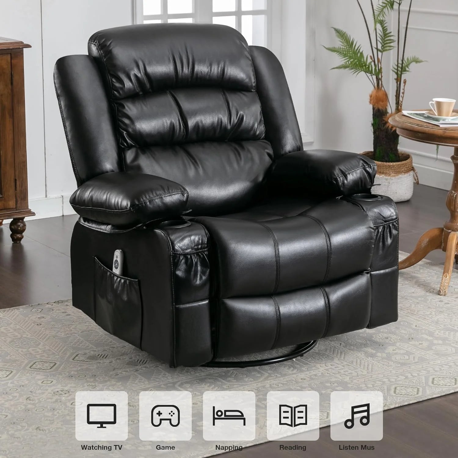 Massage Chair Recliner with Heat and USB Port, Swivel Rocking for Elderly (Black) A139032