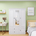 Wooden Armoire Wardrobe Closet White with 4 Doors, 2 Hanging Rods, 4 Drawers, Clothes Cabinet and Mirror Large Storage Capacity for Bedroom Armoire, 61.42" W x 20.59" D x 70.87" H