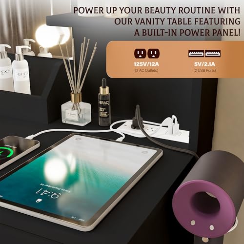 Vanity Desk with Mirror and Lights, Dimmable LED Makeup Table with Drawers and Stool, White K410427