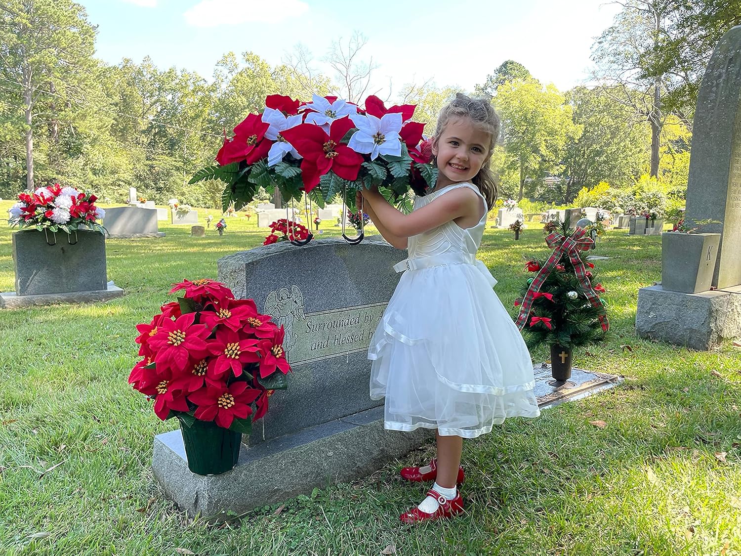 Sympathy Silks Artificial Cemetery Flowers - Red and White Poinsettias Saddle for Headstone C9631