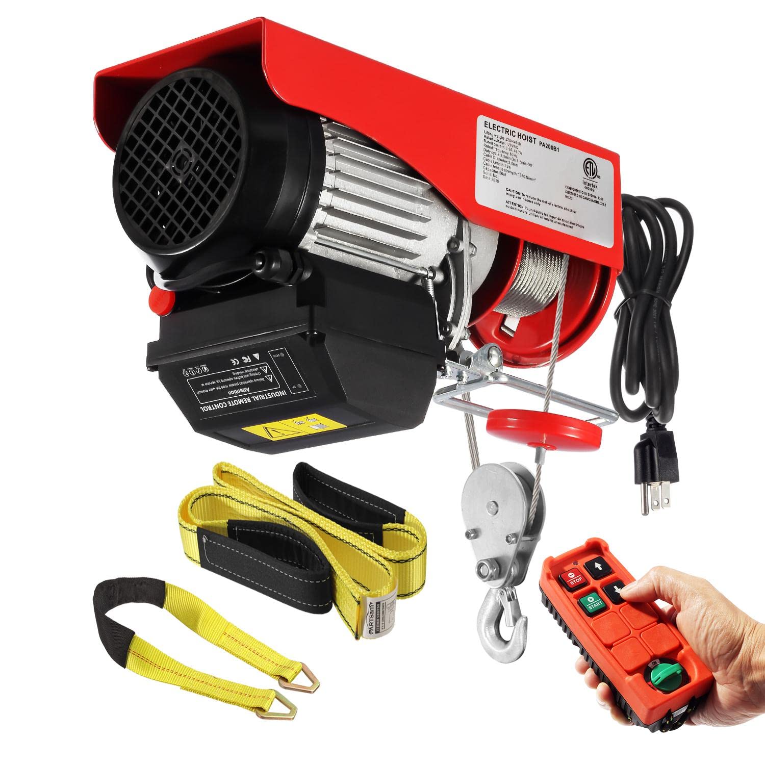 Partsam 440lbs Automatic Lift Electric Cable Hoist with Wireless Remote Control 120V Overhead Crane Garage Ceiling Pulley Winch w Towing Strap Sling, Electric Wire Rope Hoist, 38ft Lifting Height