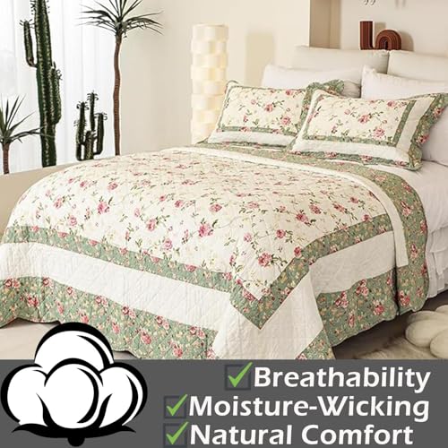 Brandream Pink Rose Floral Patchwork Quilt Cotton Queen Size 3-Piece Bedding Set Z24857