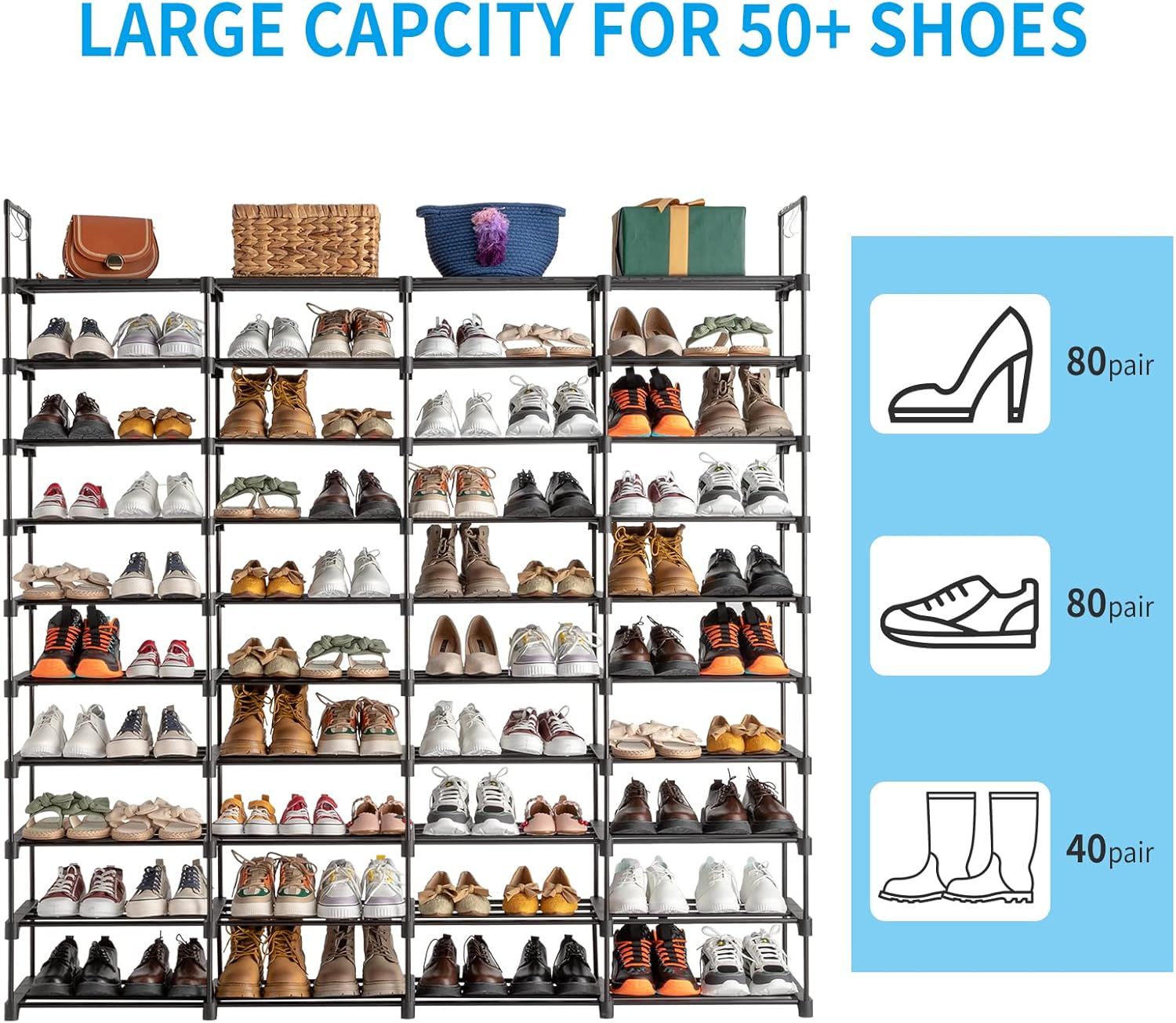 4 Row 10 Tier Large Metal Shoe Rack Organizer, Black K940252