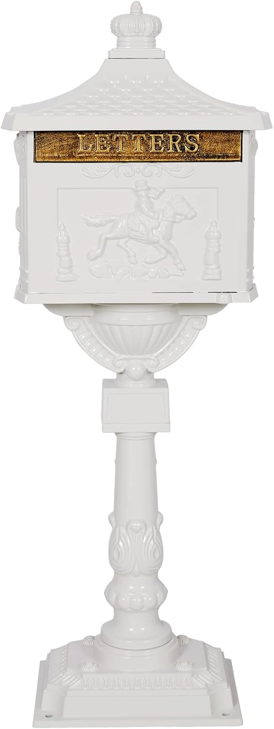 Cast Aluminum Vintage Mailbox with Post, Locking, White L959