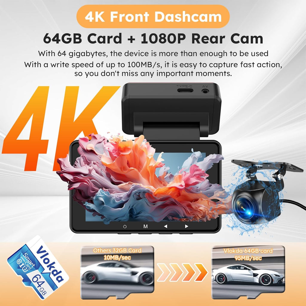 4K Dash Cam Front and Rear with WiFi and GPS, Night Vision, G-Sensor W16914