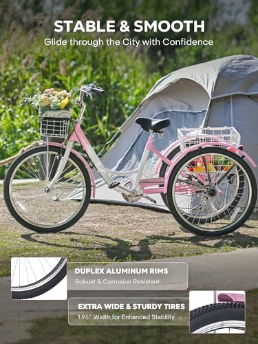 Viribus Adult Tricycle 7 Speed 3 Wheel Bike with Removable Baskets, 400lb Capacity, 24 26 inch F201