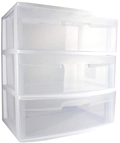 Sterilite Wide 3 Drawer Storage Cart, Plastic Rolling Cart with Wheels, White with Clear Drawers A596