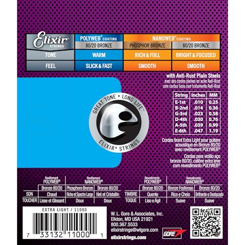 Elixir Acoustic Guitar Strings 80/20 Bronze POLYWEB Coating Extra Light 10-47 X628
