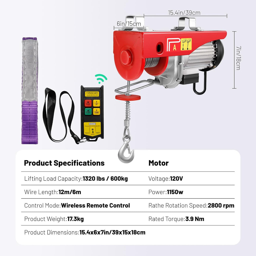 1320LBS 120V Electric Hoist with Wireless Remote Control R896