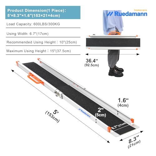 Ruedamann 6FT Adjustable Aluminum Wheelchair Ramp, 600lbs Capacity, Non-Skid D26374