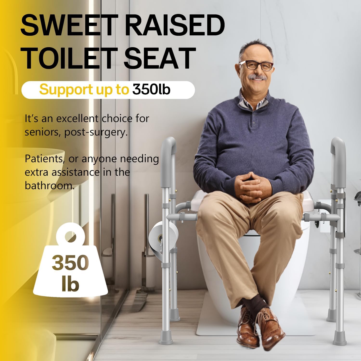 Raised Toilet Seat with Handles, Adjustable for Seniors, 350lb Capacity I9161